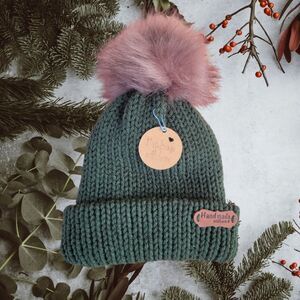 Handmade Knit Dark Green Newborn Beanie with Brown Pom Pom